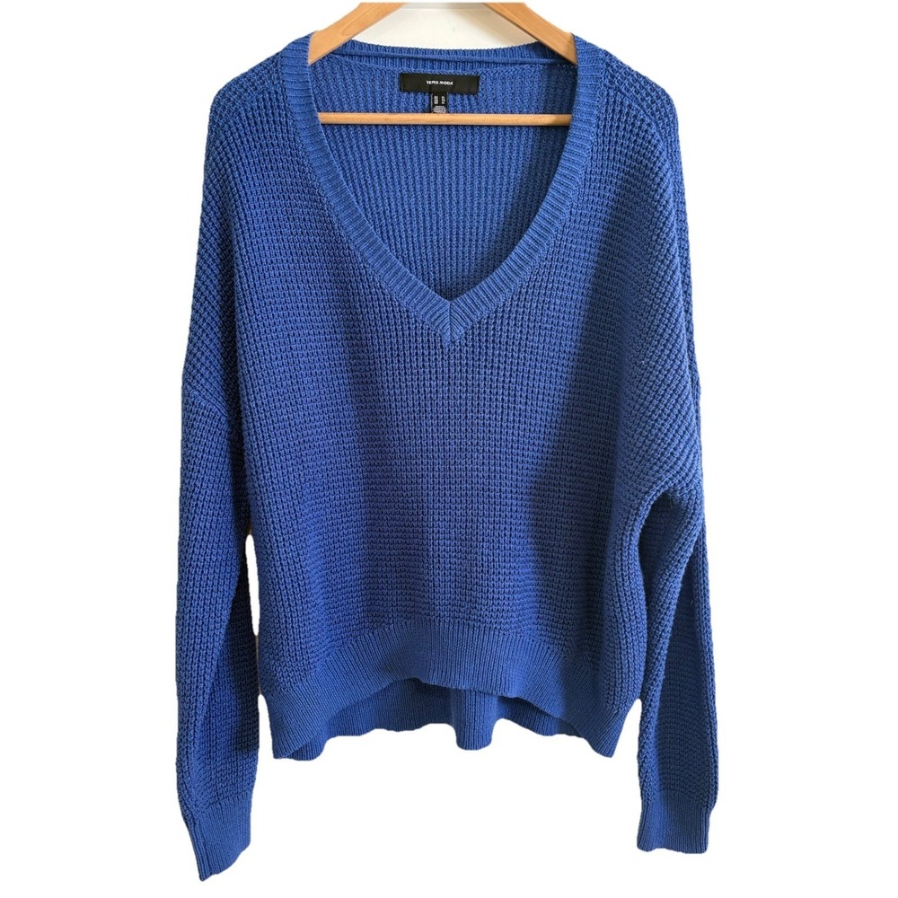 Vero Moda Women's XL Blue V-Neck Knit Cozy Sweater Long Sleeve Slouchy Pullover